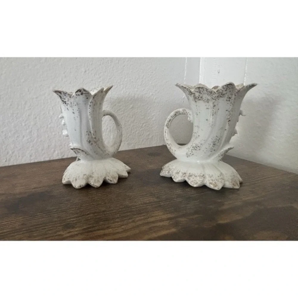 PAIR 2-PC Vintage Lefton China #285 Hand Painted 3D‎ Floral Candle Stick Holders